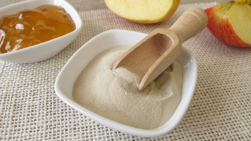 Bol con agar-agar en polvo, fibra vegetal extraída de algas rojas con uso alimentario y científico.