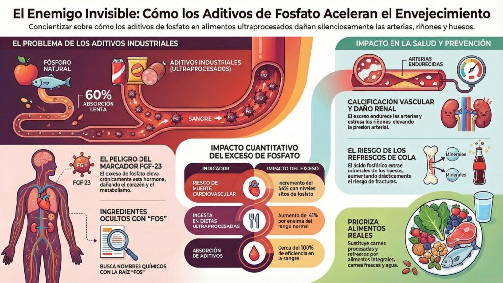 Infografía representativa de los efectos del fosfato industrial en nuestro organismo.