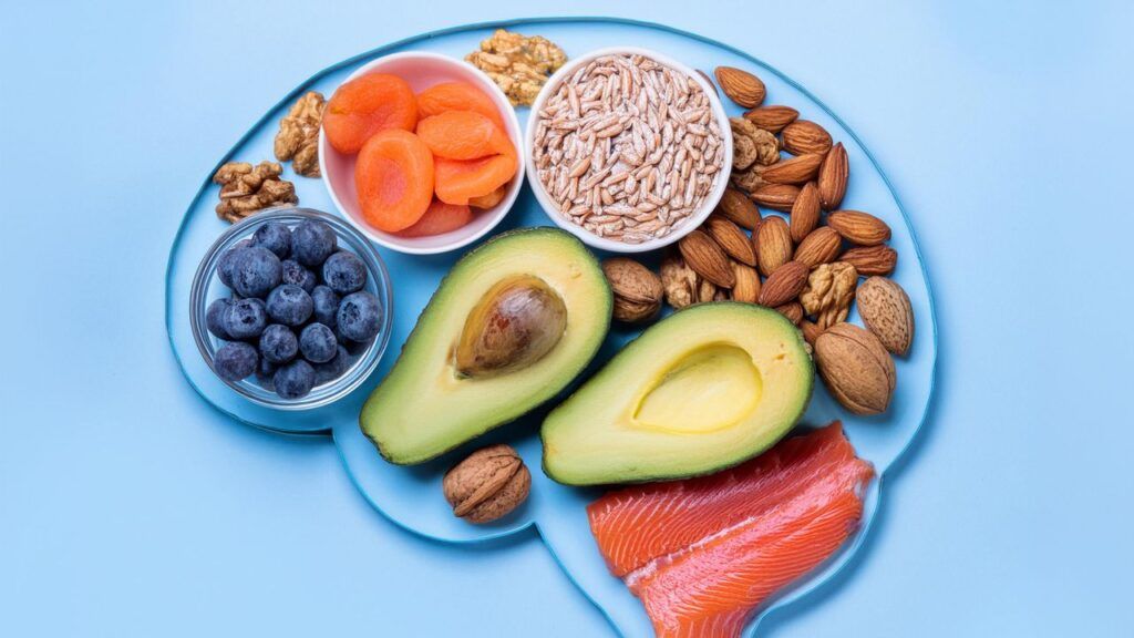 Alimentos saludables representando la conexión entre alimentación, cerebro y posibles síntomas del gluten