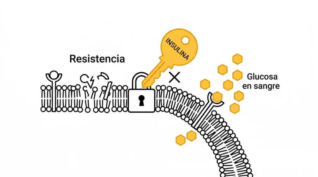 Ilustración del mecanismo de resistencia a la insulina: una llave dorada etiquetada como insulina no puede girar en la cerradura del receptor celular dañado, mientras la glucosa en sangre (hexágonos amarillos) se acumula fuera de la membrana celular sin poder ingresar