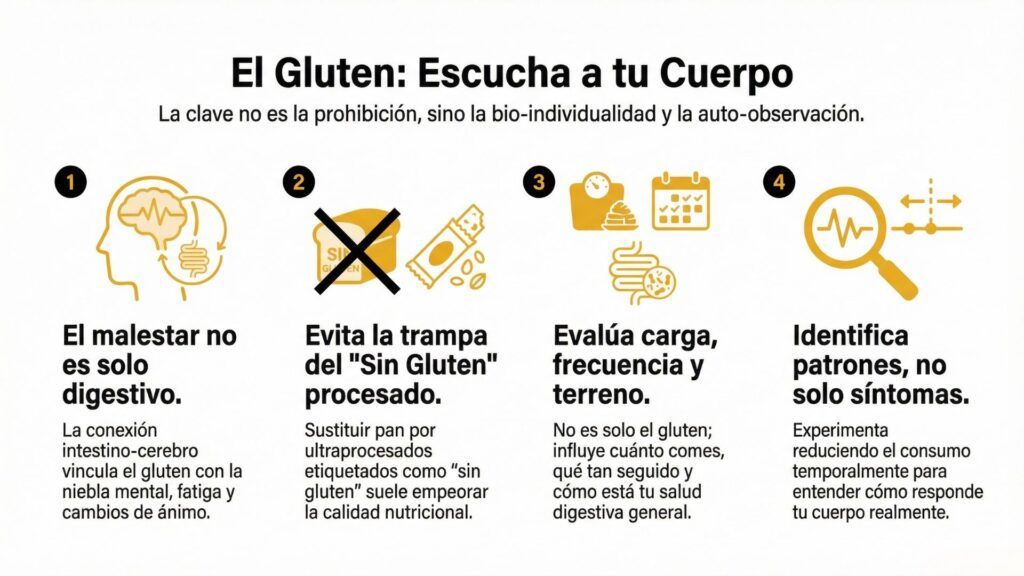 Infografía sobre el impacto del gluten y cómo identificar señales sutiles del organismo como hinchazón, fatiga o niebla mental para una alimentación consciente.