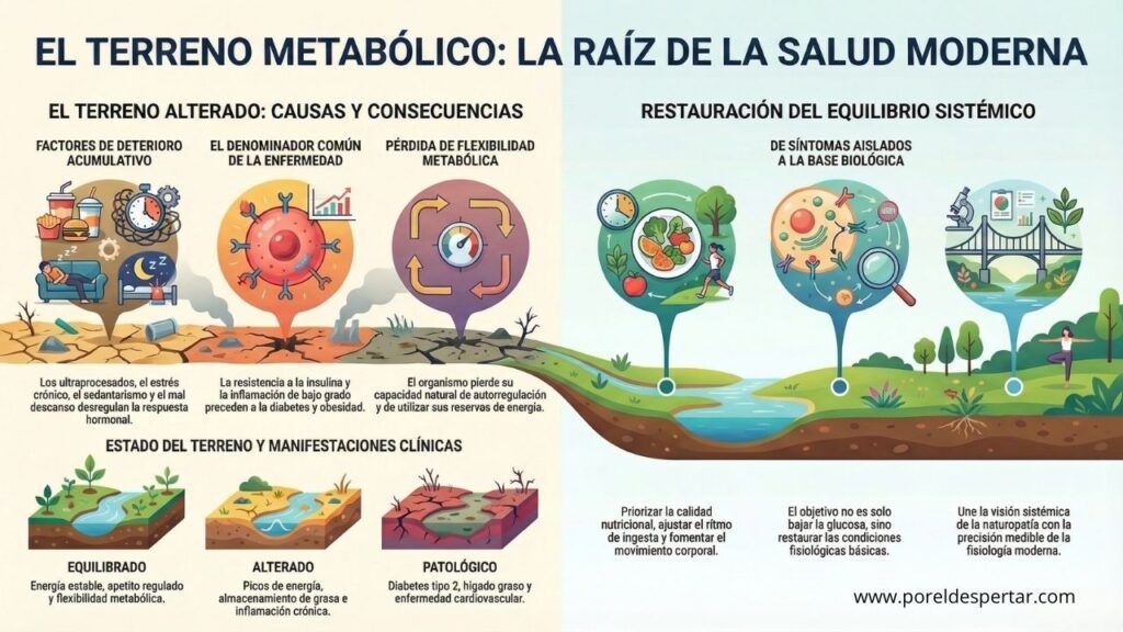 Infografía educativa sobre el terreno metabólico mostrando las causas y consecuencias del deterioro acumulativo (ultraprocesados, estrés, sedentarismo), el denominador común de enfermedades modernas (resistencia a la insulina e inflamación), la pérdida de flexibilidad metabólica, y los tres estados del terreno (equilibrado, alterado y patológico). Incluye la restauración del equilibrio sistémico mediante nutrición, ritmo de ingesta, movimiento y descanso. Universidad Por El Despertar.