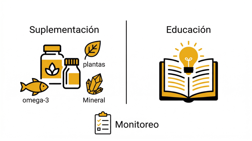 Infografía de herramientas complementarias para el control de prediabetes: suplementación con omega-3, plantas medicinales y minerales; educación nutricional representada por libro con bombilla; y monitoreo glucémico con lista de verificación. Tres pilares esenciales junto a los cambios de estilo de vida