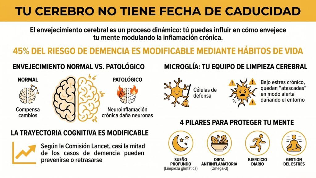 Infografía de hábitos que favorecen la salud cerebral y contribuyen a evitar el declive cognitivo.