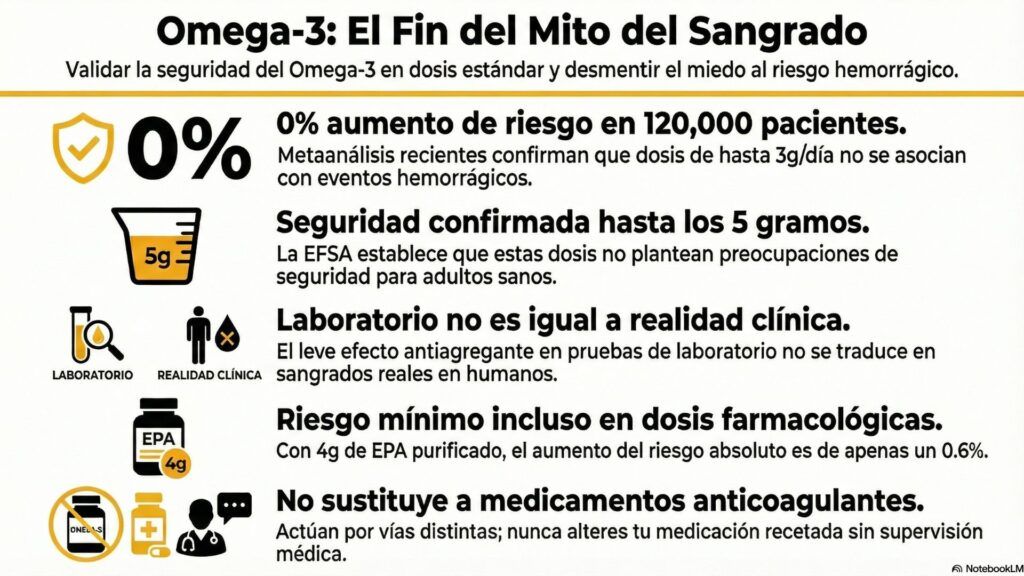 Infografía sobre seguridad del Omega-3: Metaanálisis con 120,000 pacientes muestra 0% aumento de riesgo hemorrágico con dosis hasta 3g/día. EFSA confirma seguridad hasta 5g. EPA purificado 4g tiene solo 0.6% riesgo absoluto. Omega-3 no sustituye anticoagulantes.